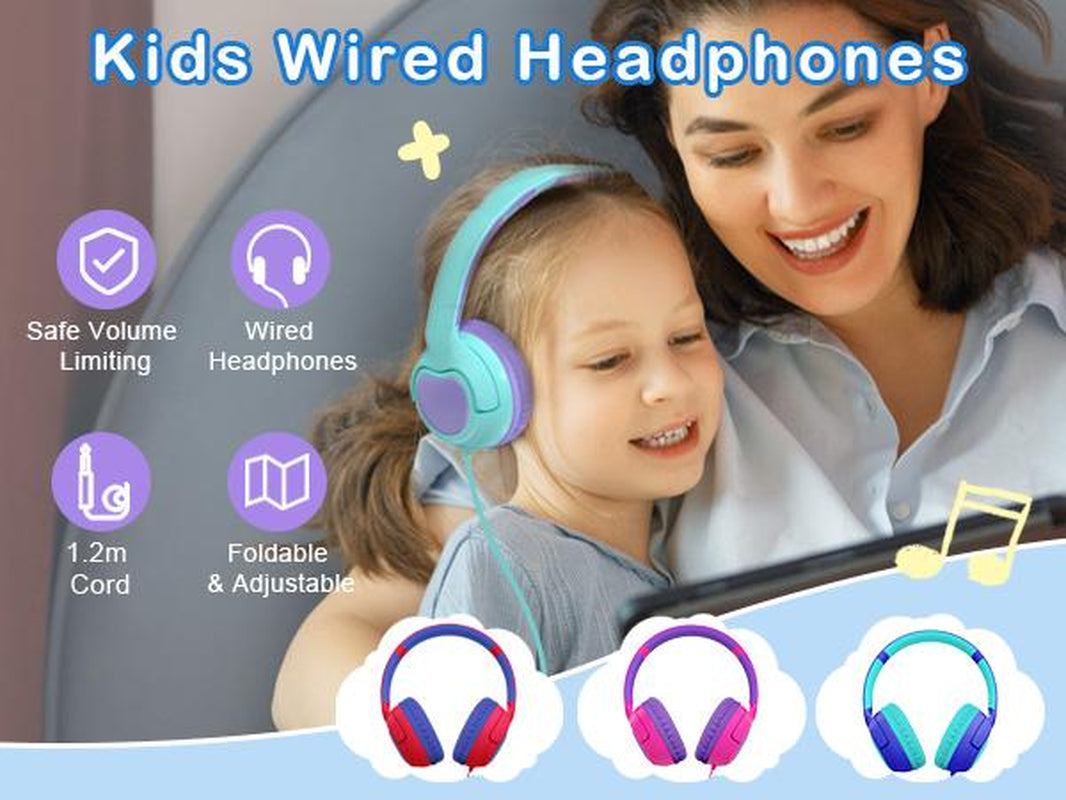 ZIHNIC R2 Wired Kids Headphones, Safe 85Db Volume Limit for Boys & Girls, Comfortable Earpads, Foldable Design for School, Tablets, and Travel-Red Earbuds Headset