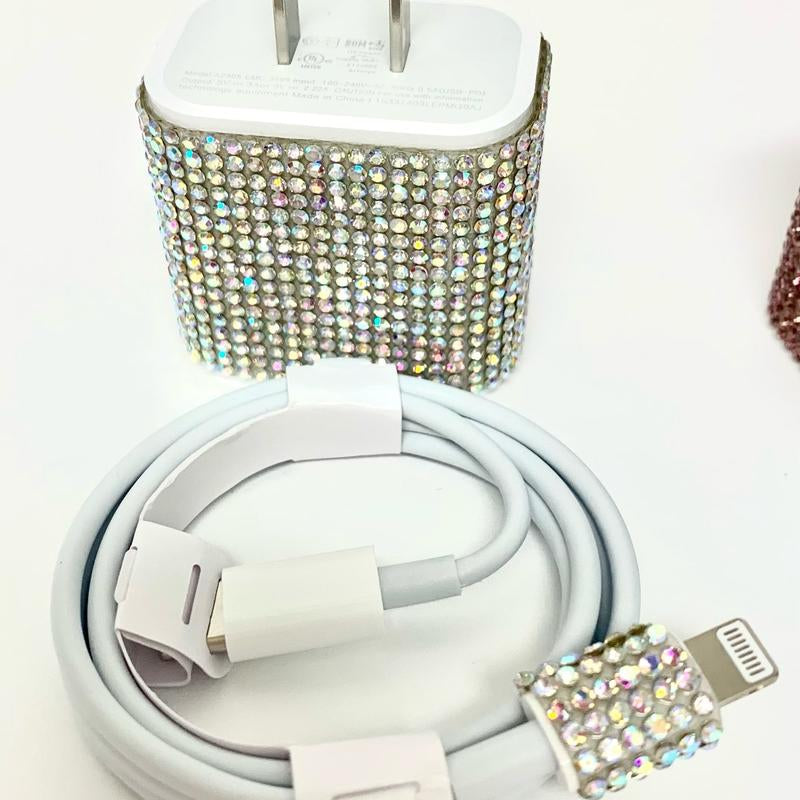 Blinged Out Lightening Cable and Charging Block Charger Usb Smartphone Mobile Electronic Cellphone