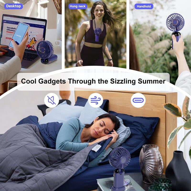 Tiktok Shop Summersale Portable Handheld Fan, 4000Mah Battery Operated with LED Display, 3-In-1 Personal Small Fan for Handheld/Neck/Desk, 90 Foldable with Base, 5 Speed Lash Makeup Fan,8 Hours, for Dorm Bedroom Offic