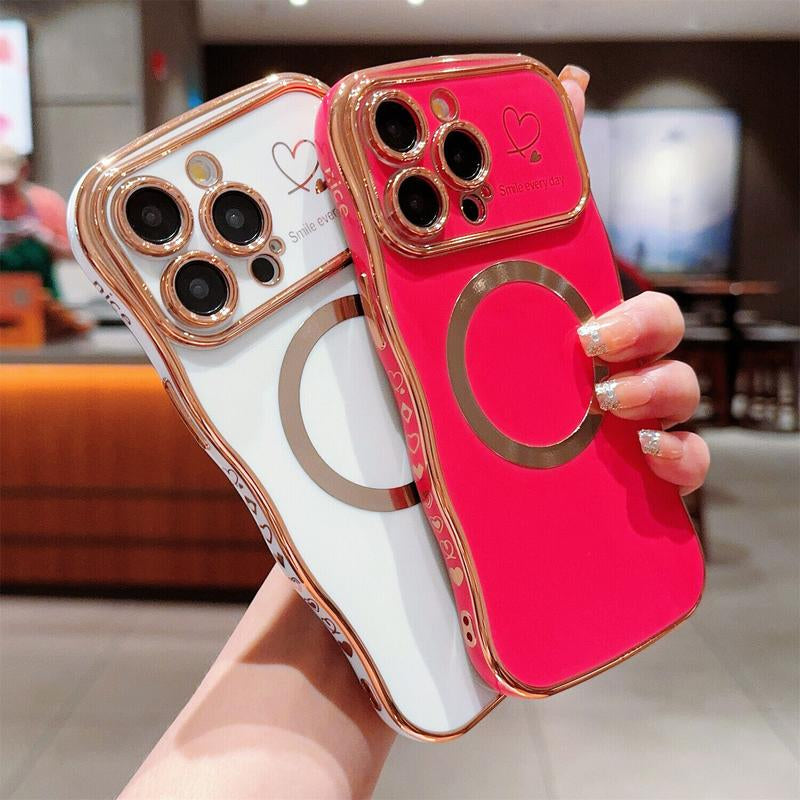 For Iphone 16 Pro Max 15 14 13 12 Magnetic Soft Wave Frame Curly Shape Love Heart Plating Girls Case
