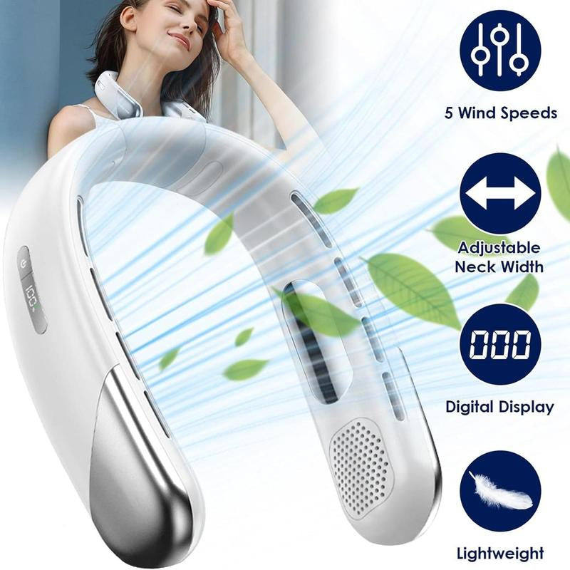 Portable Neck Hanging Fan, USB Rechargeable Wearable Personal Neck Cooling Fan, 5 Speeds, Digital Display, Hands-Free Cooler for Outdoor Travel Indoor