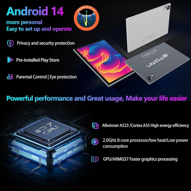 Android 14 Tablet 10 Inch 2025 Latest Wifi 6 with Octa-Core Processor,7000Mah,8Gb RAM+64/1TB ROM Storage,13Mp+8Mp Camera/Gms Certification/Bluetooth 5.0,Tablet with Keyboard/Case/Mouse/Stylus/Gray