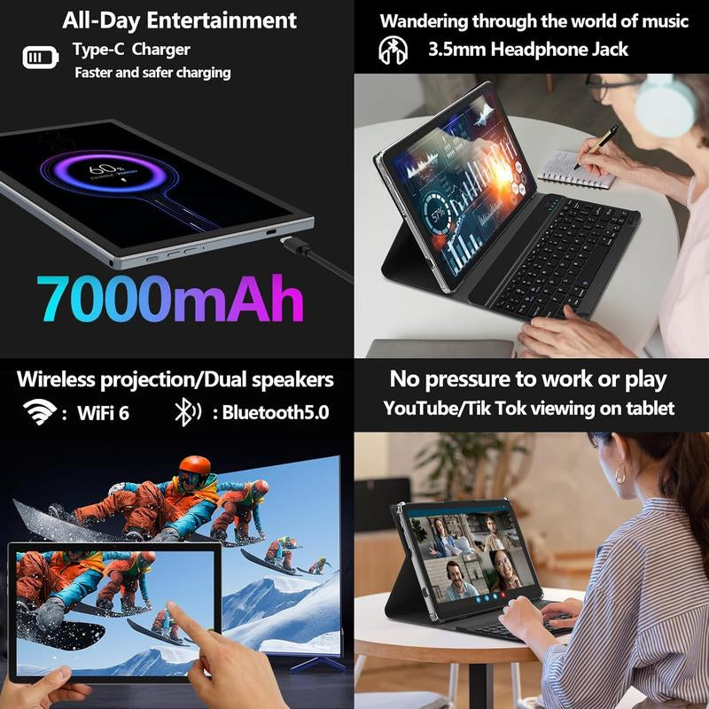 Android 14 Tablet 10 Inch 2025 Latest Wifi 6 with Octa-Core Processor,7000Mah,8Gb RAM+64/1TB ROM Storage,13Mp+8Mp Camera/Gms Certification/Bluetooth 5.0,Tablet with Keyboard/Case/Mouse/Stylus/Gray