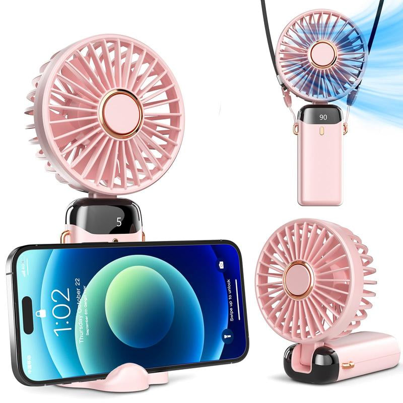 Tiktok Shop Summersale Portable Handheld Fan, 4000Mah Battery Operated with LED Display, 3-In-1 Personal Small Fan for Handheld/Neck/Desk, 90 Foldable with Base, 5 Speed Lash Makeup Fan,8 Hours, for Dorm Bedroom Offic