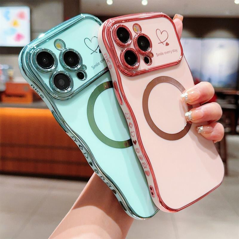 For Iphone 16 Pro Max 15 14 13 12 Magnetic Soft Wave Frame Curly Shape Love Heart Plating Girls Case
