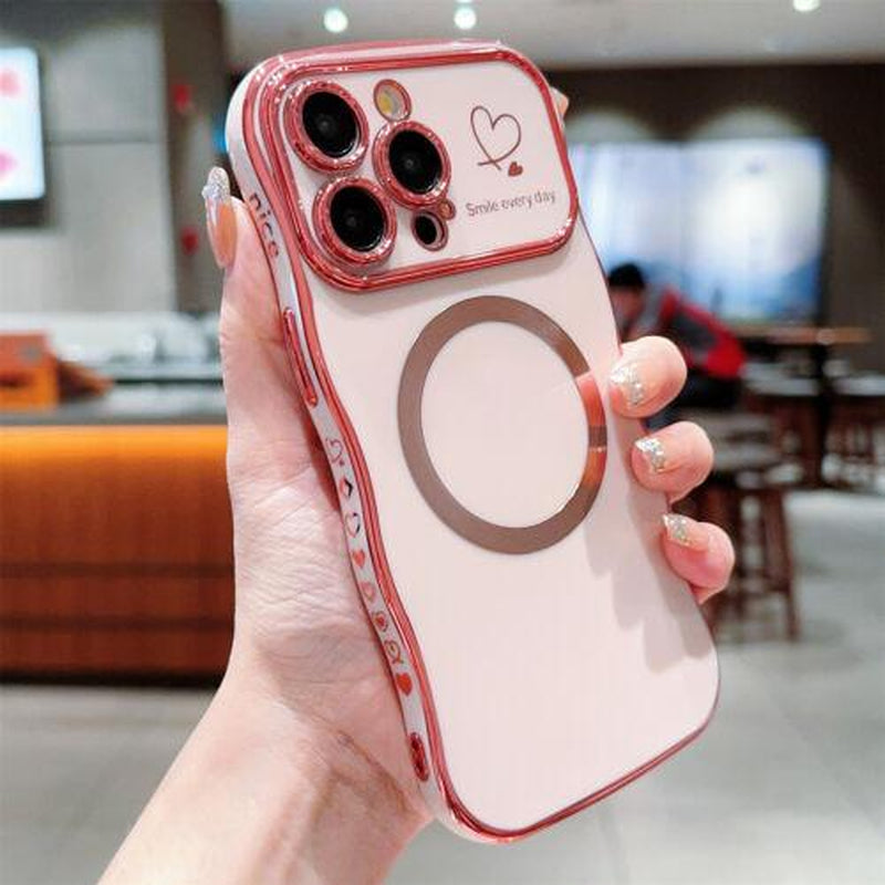For Iphone 16 Pro Max 15 14 13 12 Magnetic Soft Wave Frame Curly Shape Love Heart Plating Girls Case