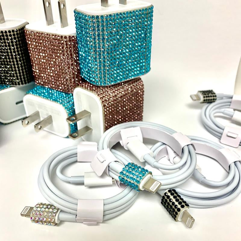 Blinged Out Lightening Cable and Charging Block Charger Usb Smartphone Mobile Electronic Cellphone