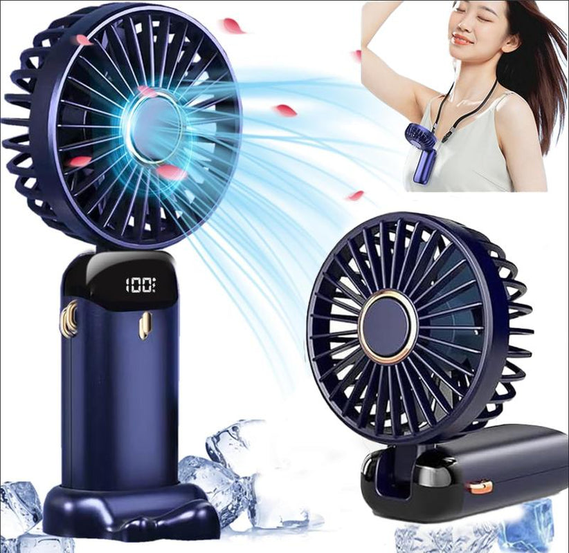 Tiktok Shop Summersale Portable Handheld Fan, 4000Mah Battery Operated with LED Display, 3-In-1 Personal Small Fan for Handheld/Neck/Desk, 90 Foldable with Base, 5 Speed Lash Makeup Fan,8 Hours, for Dorm Bedroom Offic