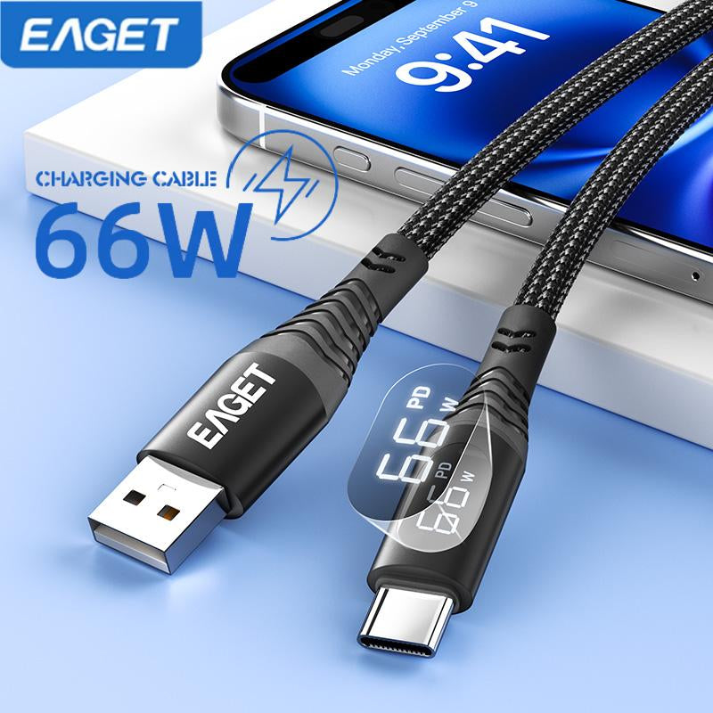 EAGET 66W Fast Charging USB-C Data Cable,Intelligent Digital Display Phone Charging Cable,Wear-Resistant Nylon Braided Durable Data Cable ,For Ip 12/13/14/15/16& Samsung/Android Cell Phone, Smartphone Accessories,Dealsforyoudays