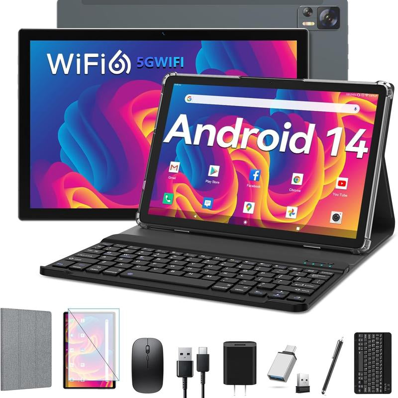 Android 14 Tablet 10 Inch 2025 Latest Wifi 6 with Octa-Core Processor,7000Mah,8Gb RAM+64/1TB ROM Storage,13Mp+8Mp Camera/Gms Certification/Bluetooth 5.0,Tablet with Keyboard/Case/Mouse/Stylus/Gray