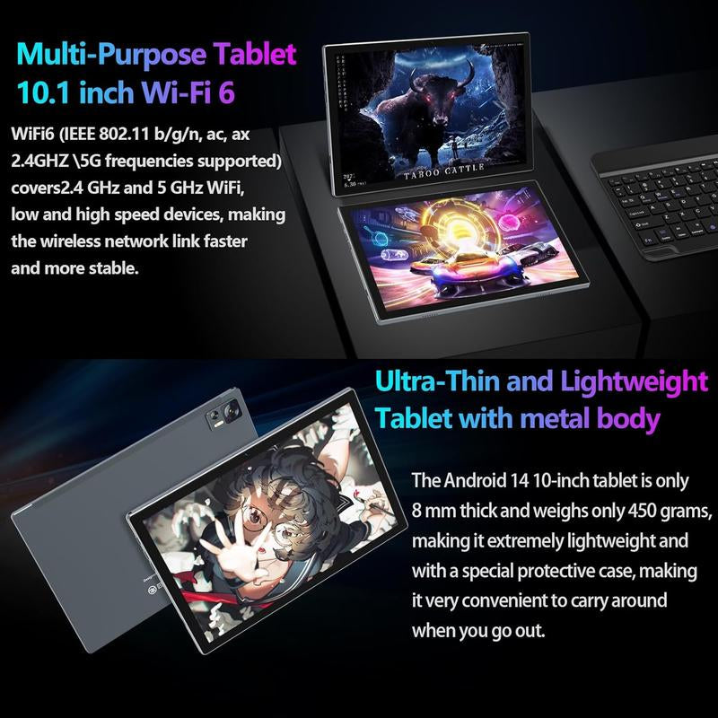 Android 14 Tablet 10 Inch 2025 Latest Wifi 6 with Octa-Core Processor,7000Mah,8Gb RAM+64/1TB ROM Storage,13Mp+8Mp Camera/Gms Certification/Bluetooth 5.0,Tablet with Keyboard/Case/Mouse/Stylus/Gray